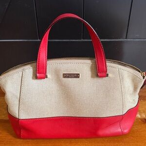 kate spade Cream Canvas Satchel with Red Leather Trim